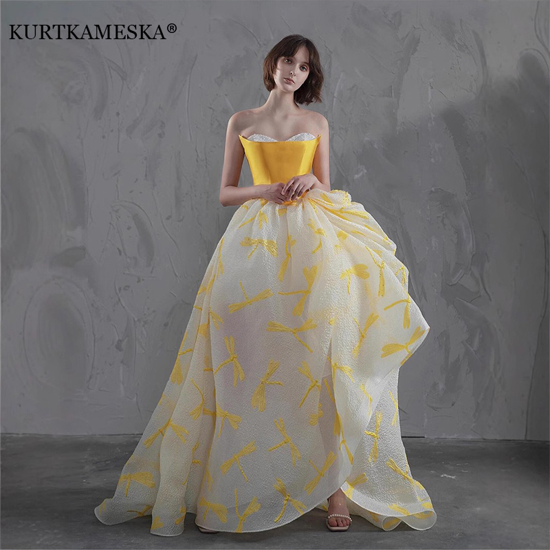 Embroidery Yellow Dress - Elegante Vestido Largo de Satén Amarillo