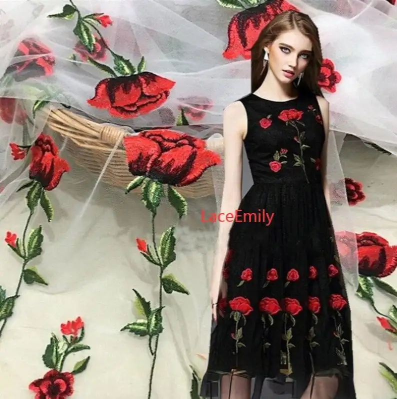 Embroidery Rose - Tela de encaje de rosa roja,